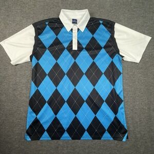NWOT Ready Golf Polo Men's XL Polyester Shirt‎ Blue Black Argyle 1/4 Button Up
